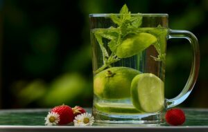 drink, lime, water, cup, lime water, detox, detox water, lemon balm, nature, strawberries, fruits, glass, beverage, refreshment, thirst, wellness, organic, natural